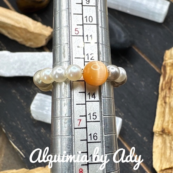 Gemstone and pearl beaded dainty handmade ring band boho/Lolita/minimalist - Picture 2 of 4